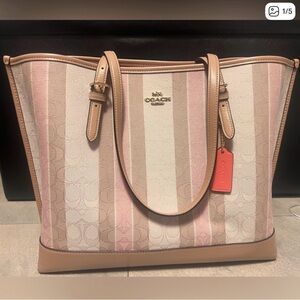 Coach Pink and Tan Signature Stripe Mollie Tote